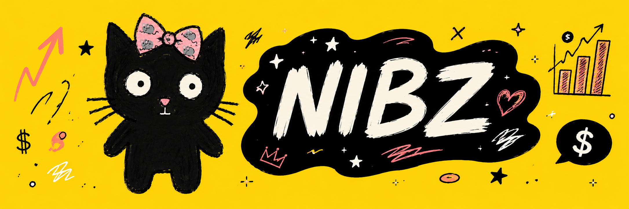 Nibz, a black cat with a pink mouse-print bow, next to a hand painted NIBZ logo surrounded by stars, hearts, dollar signs and a rising chart